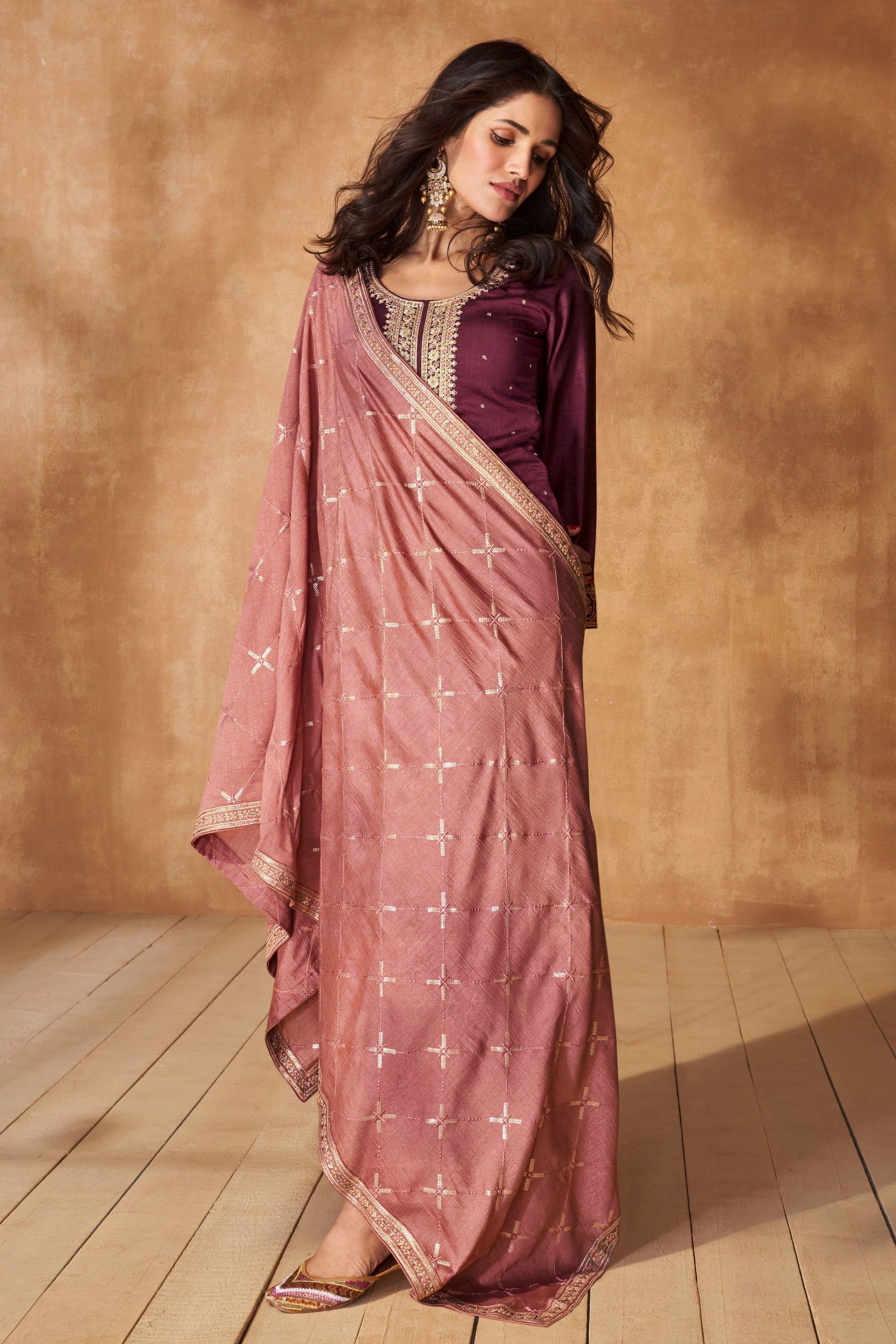 Maroon Silk Salwar Kameez with Pant For Indian Festivals & Weddings - Thread Embroidery Work