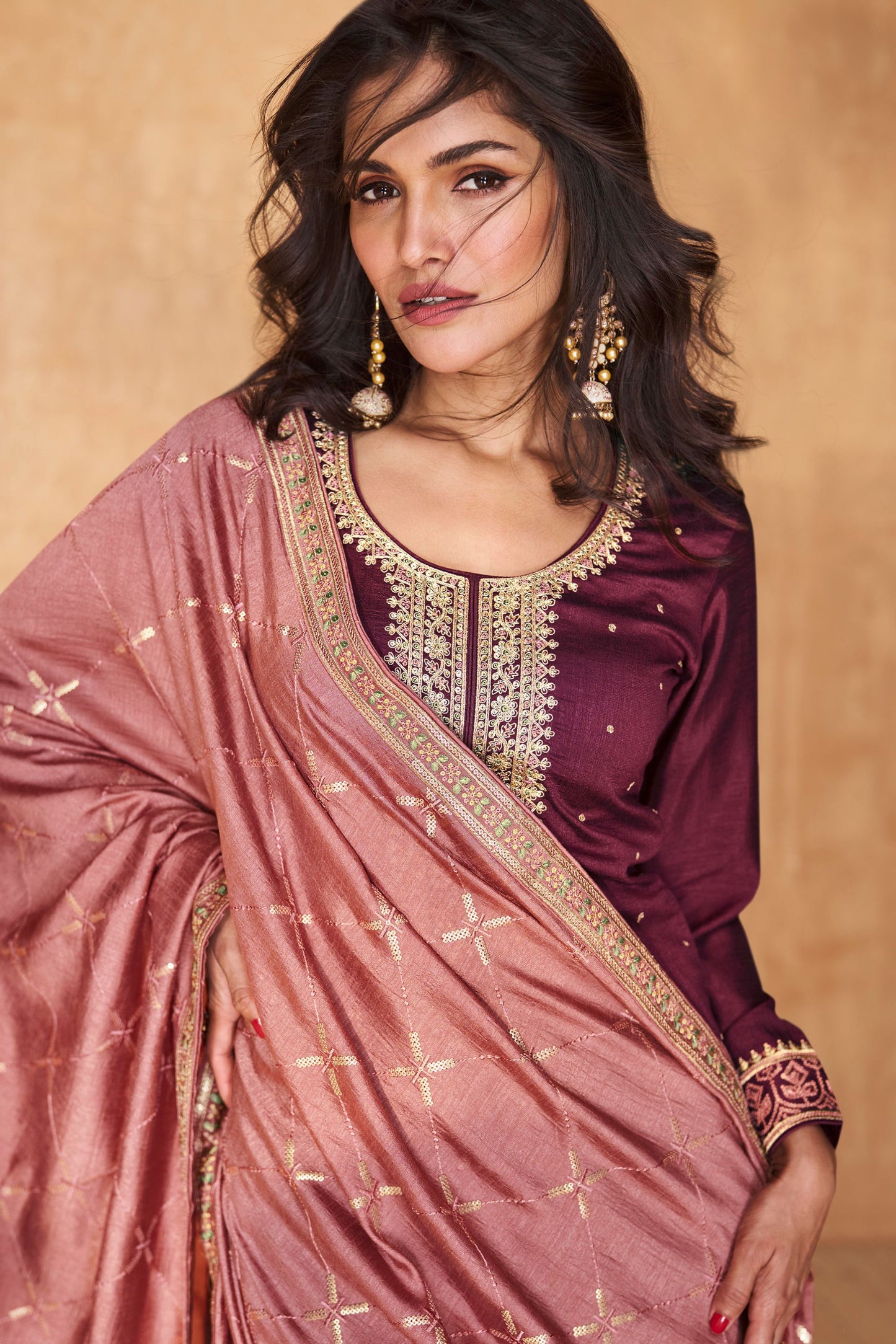 Maroon Silk Salwar Kameez with Pant For Indian Festivals & Weddings - Thread Embroidery Work