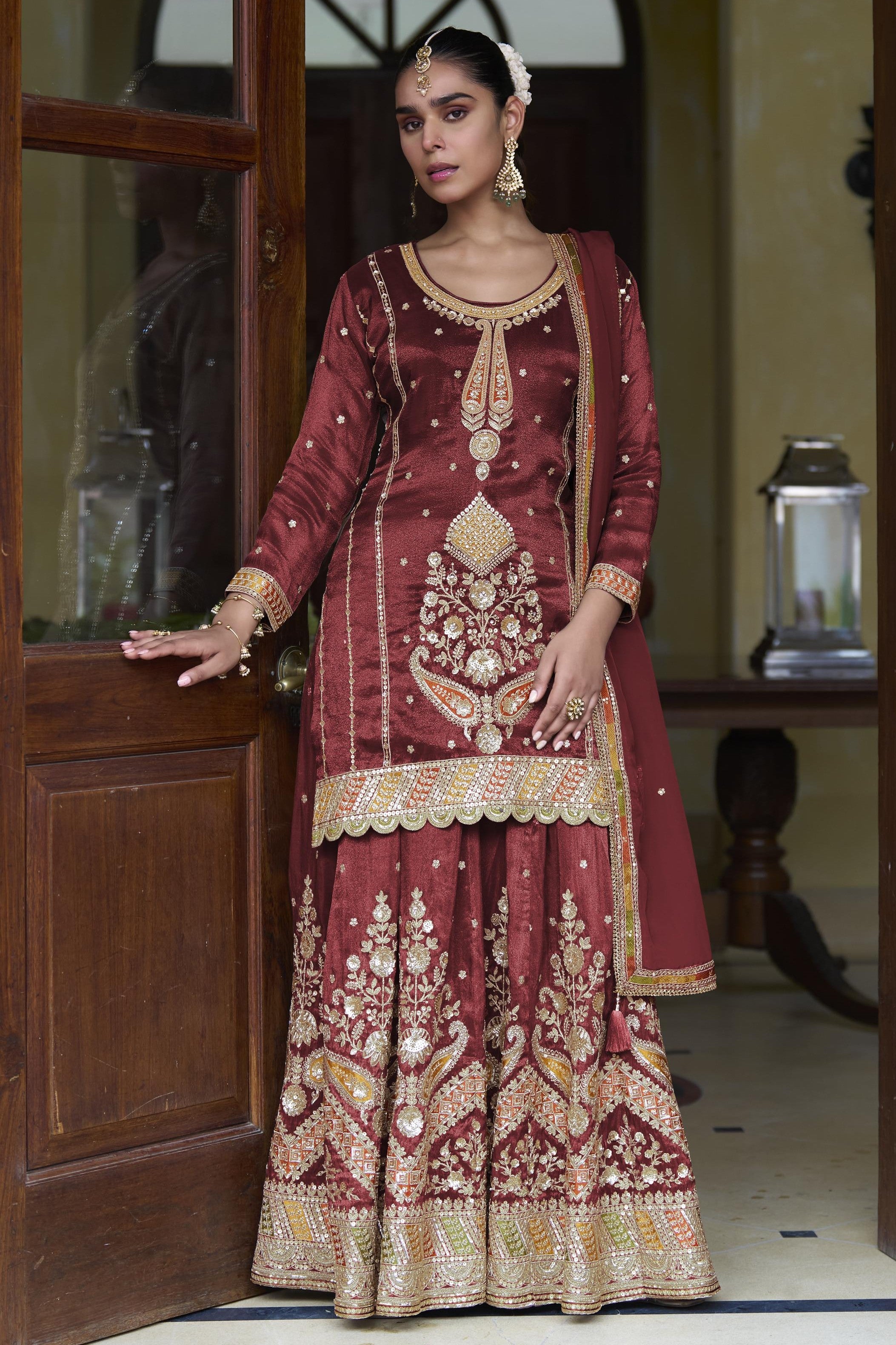 Maroon Simmer Silk Palazzo Suit For Indian & Pakistani Wedding Festival - Thread & Sequins Embroidery Work