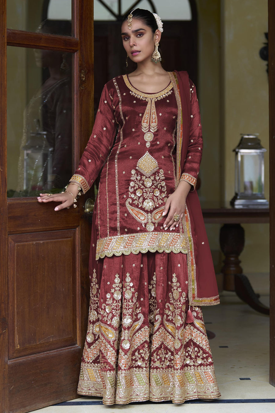 Maroon Simmer Silk Palazzo Suit For Indian & Pakistani Wedding Festival - Thread & Sequins Embroidery Work