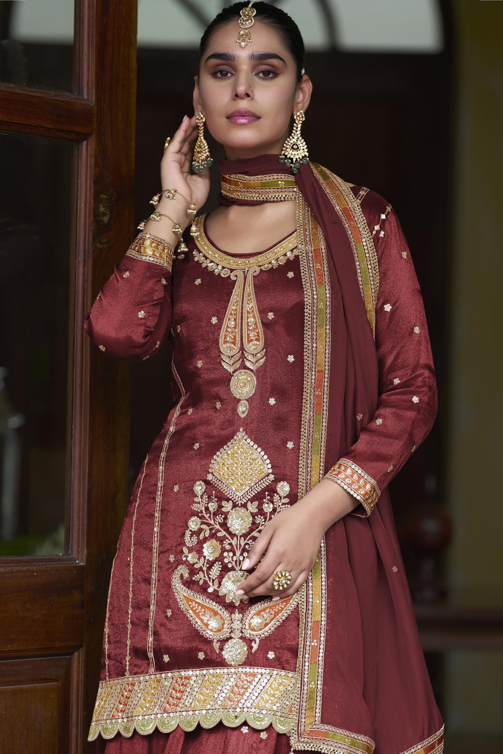 Maroon Simmer Silk Palazzo Suit For Indian & Pakistani Wedding Festival - Thread & Sequins Embroidery Work