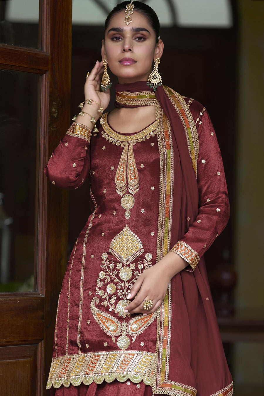 Maroon Simmer Silk Palazzo Suit For Indian & Pakistani Wedding Festival - Thread & Sequins Embroidery Work