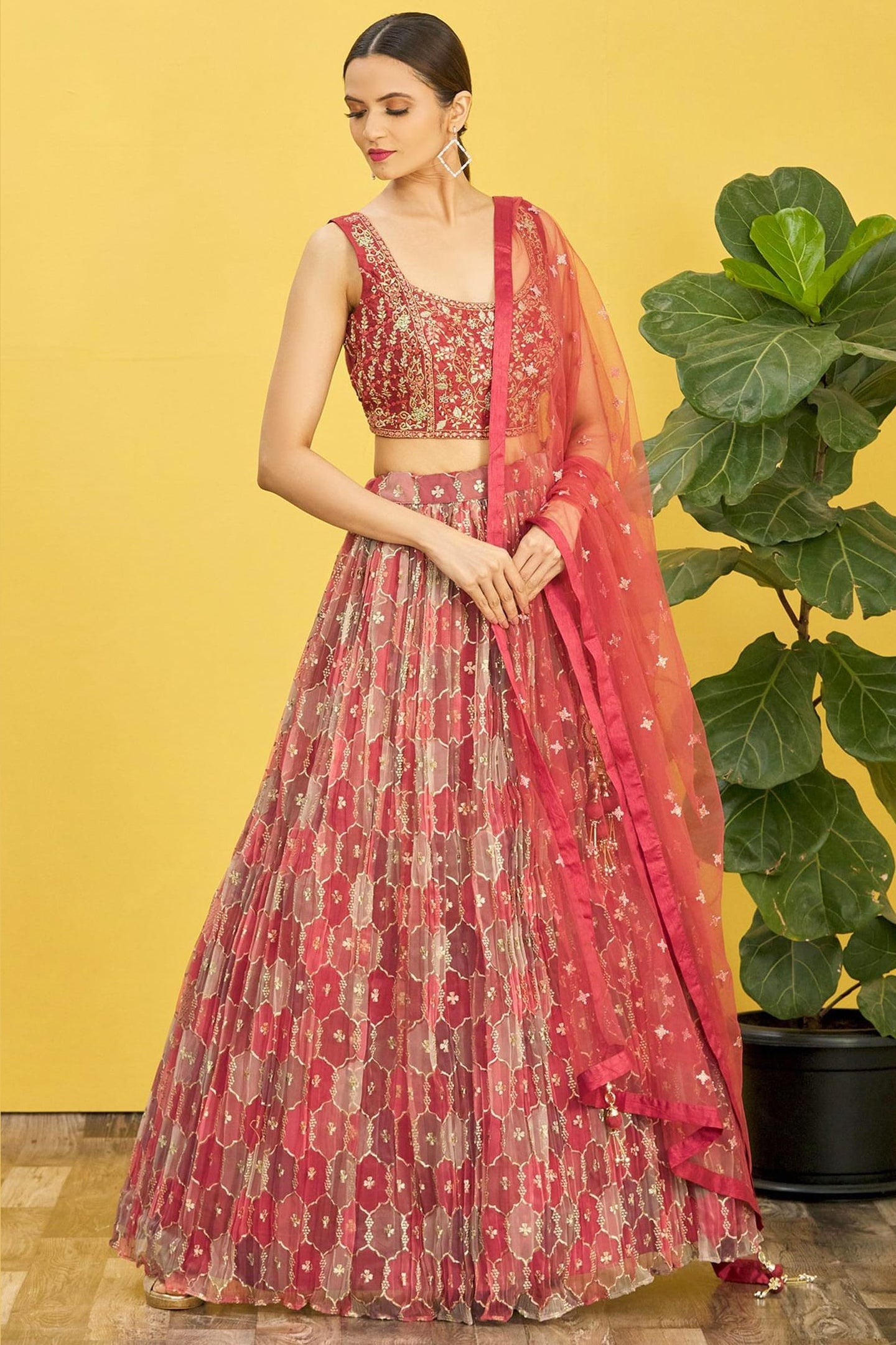 Maroon Slub Silk Lehenga Choli For Indian & Pakistani Wedding Festival - Sequins & Thread Embroidery Work, Zari Work, Print Work, Real Mirror Work