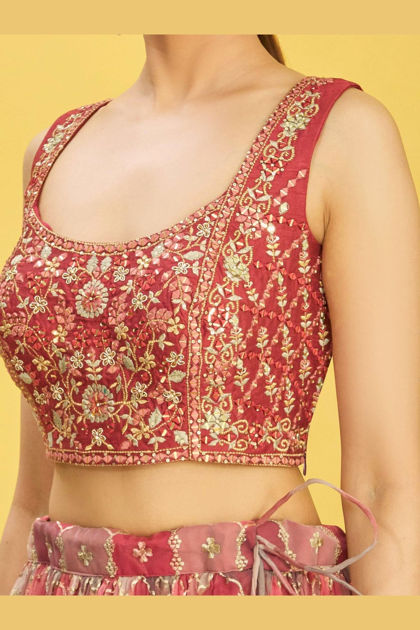 Maroon Slub Silk Lehenga Choli For Indian & Pakistani Wedding Festival - Sequins & Thread Embroidery Work, Zari Work, Print Work, Real Mirror Work