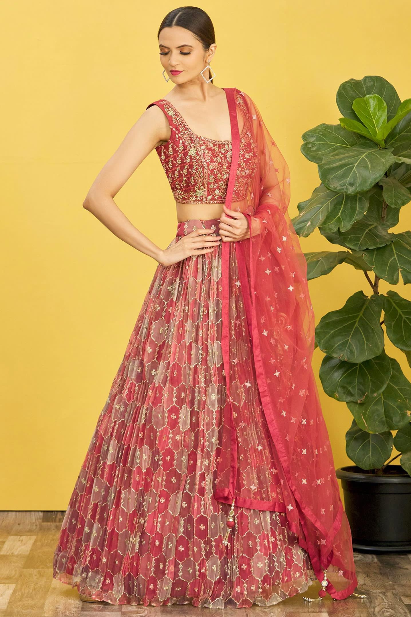 Maroon Slub Silk Lehenga Choli For Indian & Pakistani Wedding Festival - Sequins & Thread Embroidery Work, Zari Work, Print Work, Real Mirror Work