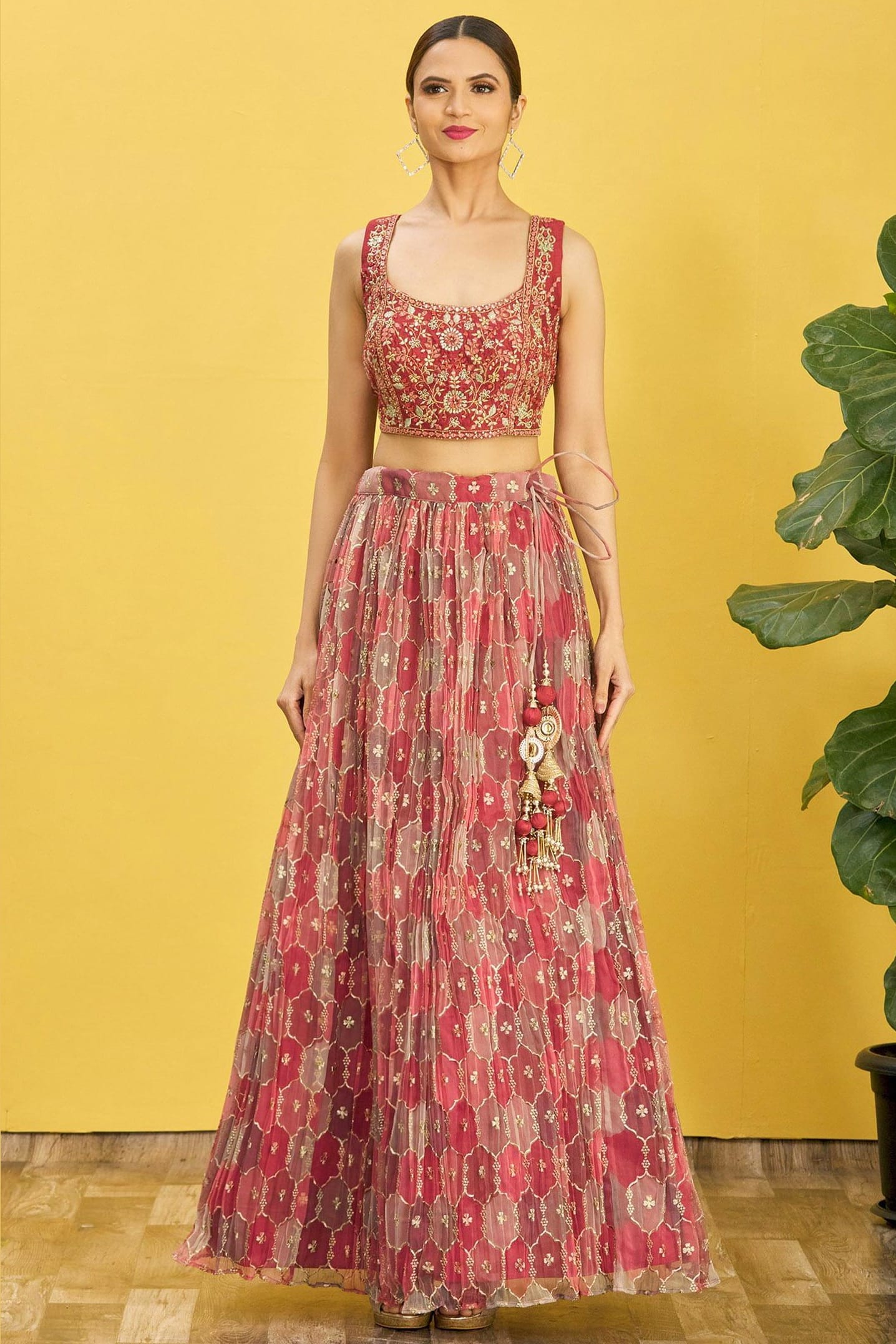 Maroon Slub Silk Lehenga Choli For Indian & Pakistani Wedding Festival - Sequins & Thread Embroidery Work, Zari Work, Print Work, Real Mirror Work