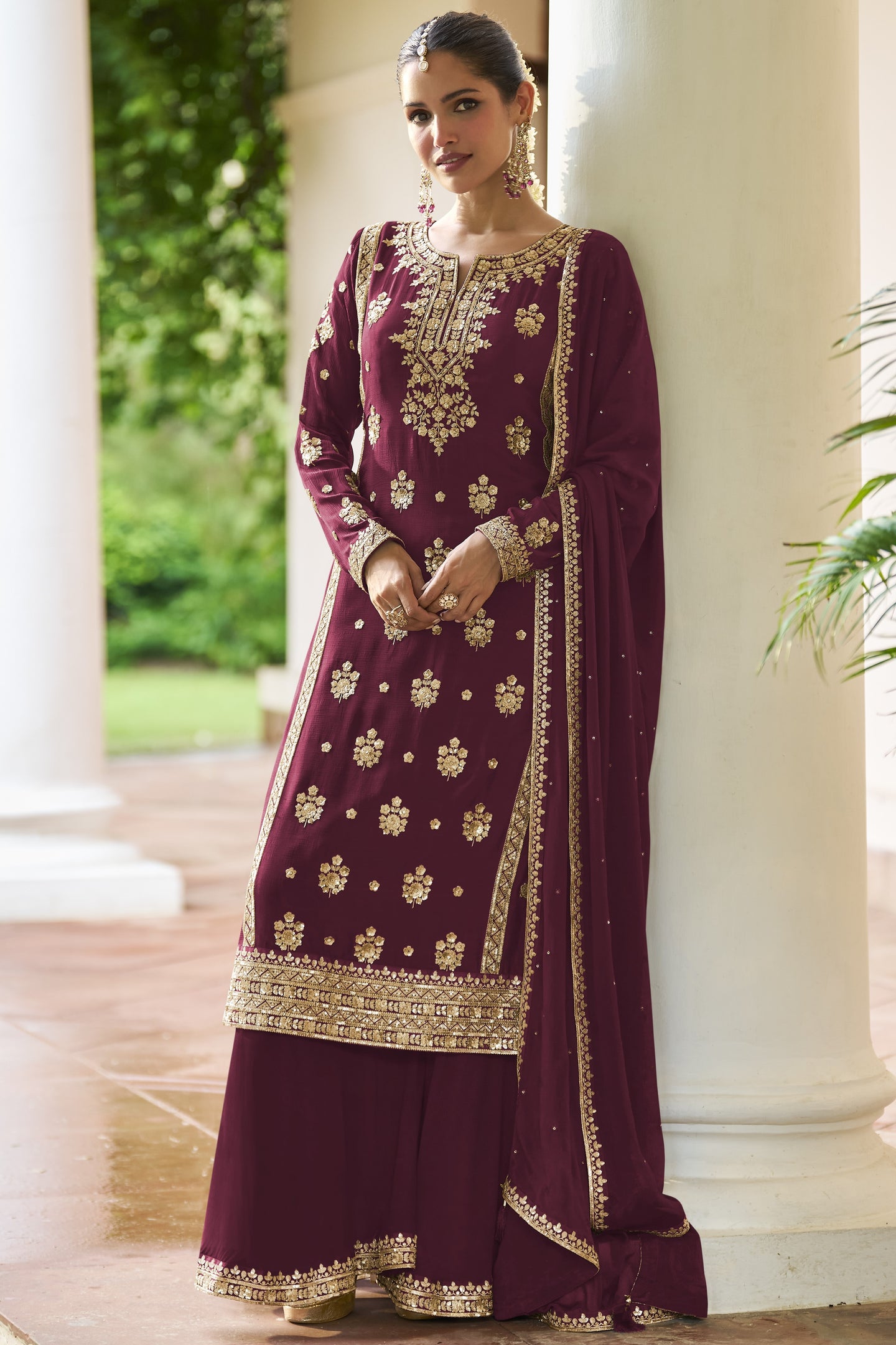 Maroon Straight Cut Pakistani Suit with Chinon Silk Palazo