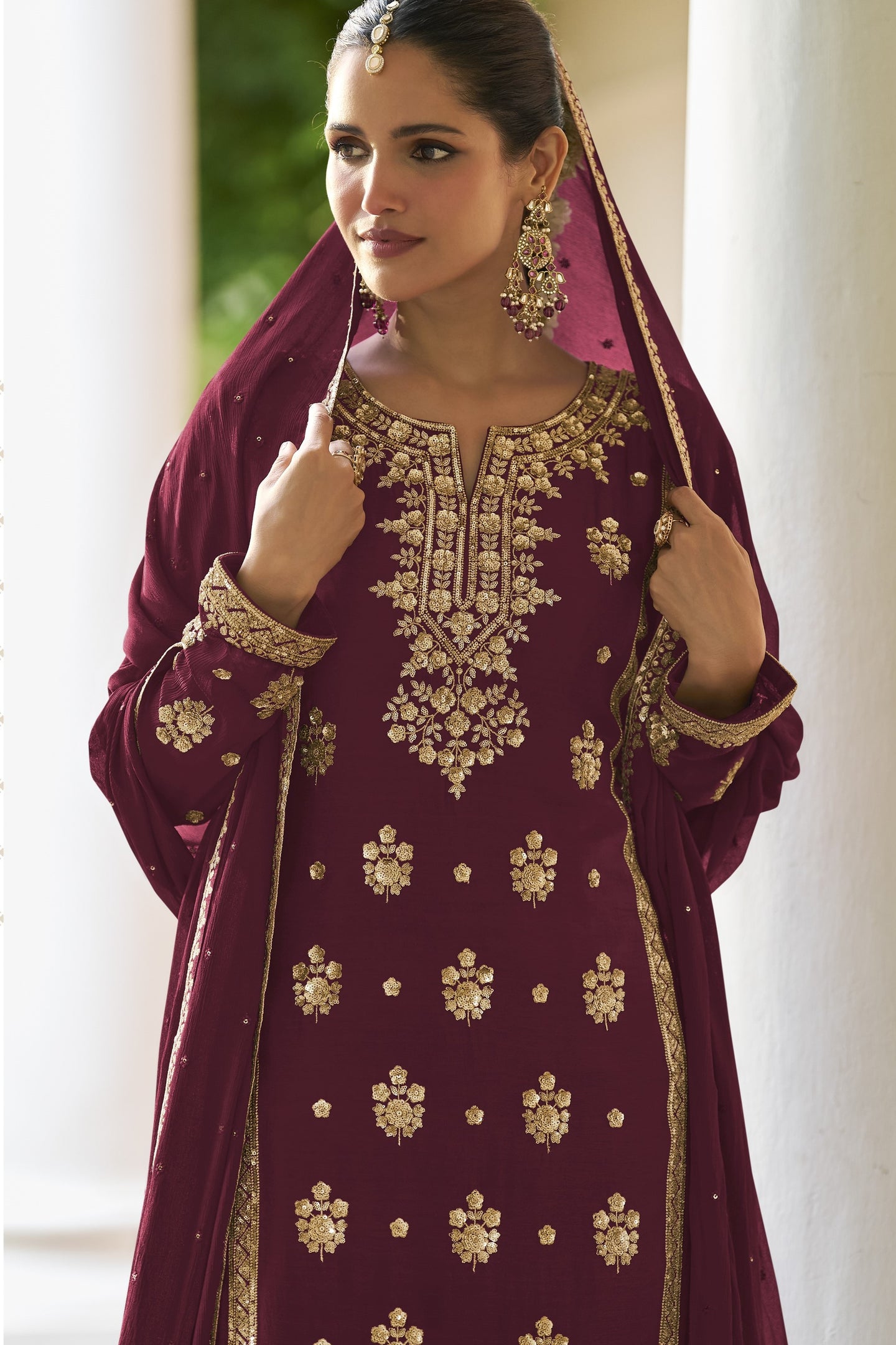 Maroon Straight Cut Pakistani Suit with Chinon Silk Palazo
