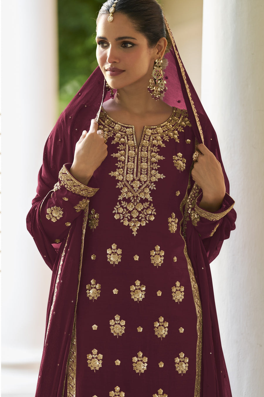 Maroon Straight Cut Pakistani Suit with Chinon Silk Palazo
