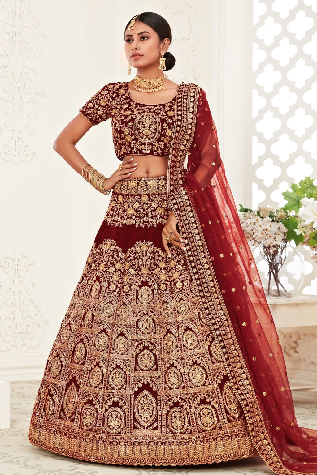 Maroon Velvet Chaniya Choli with Zari and Sequin Embroidery