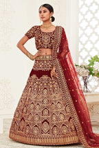 Maroon Velvet Chaniya Choli with Zari and Sequin Embroidery