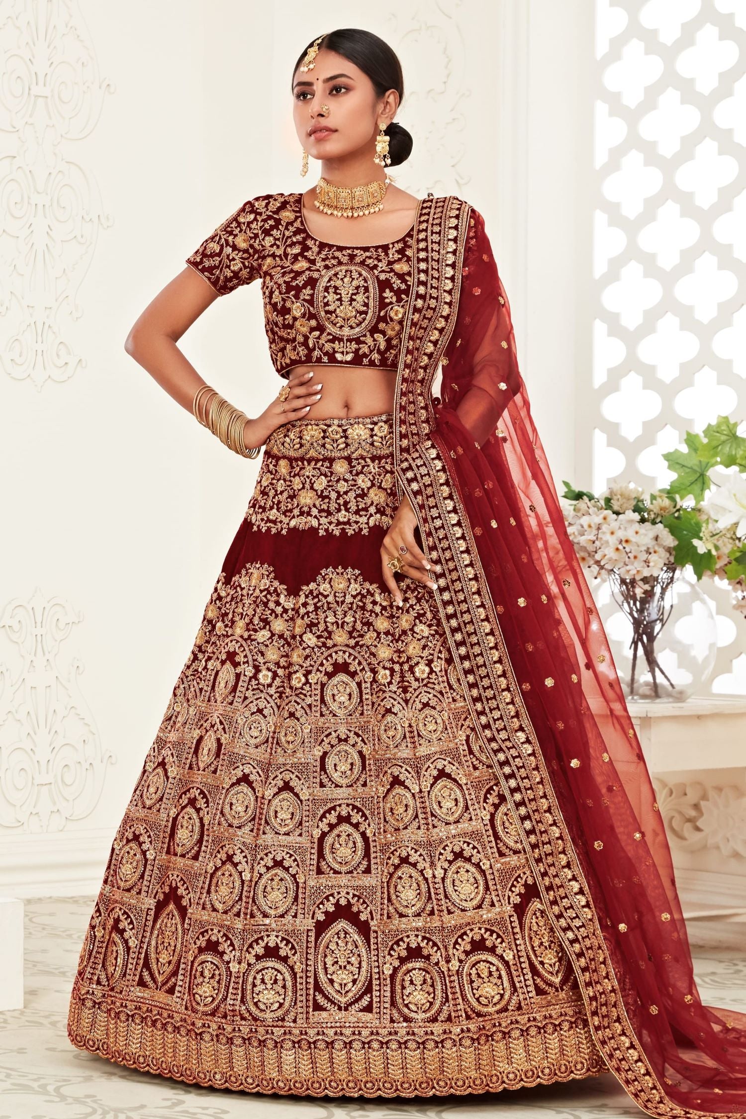 Maroon Velvet Chaniya Choli with Zari and Sequin Embroidery