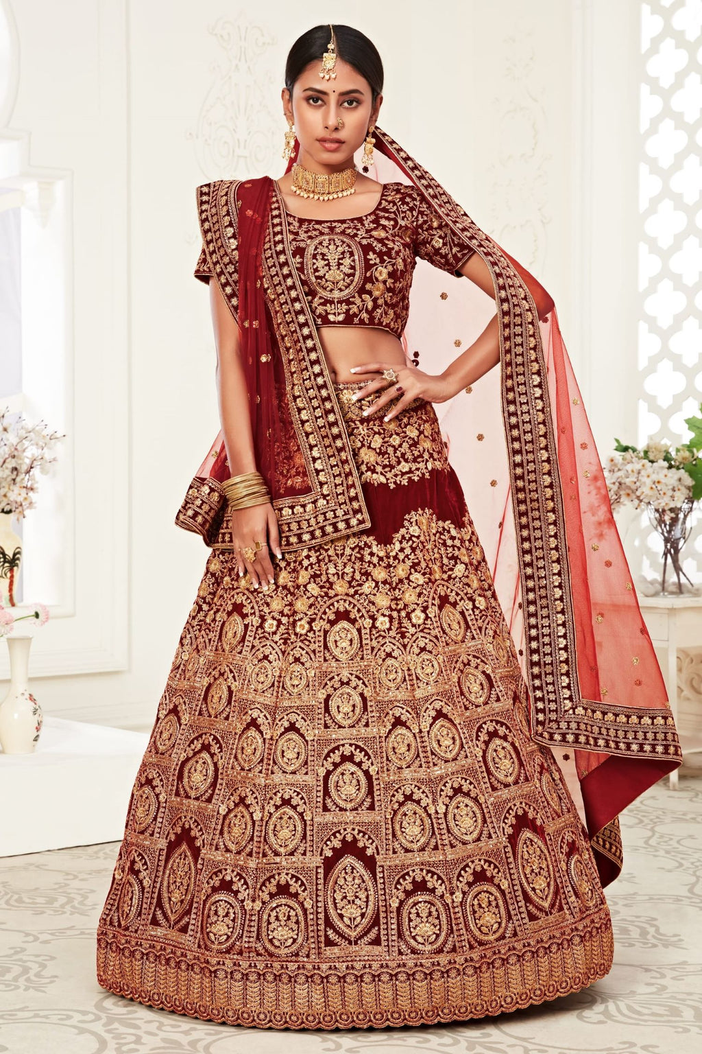Maroon Velvet Chaniya Choli with Zari and Sequin Embroidery