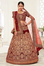 Maroon Velvet Chaniya Choli with Zari and Sequin Embroidery