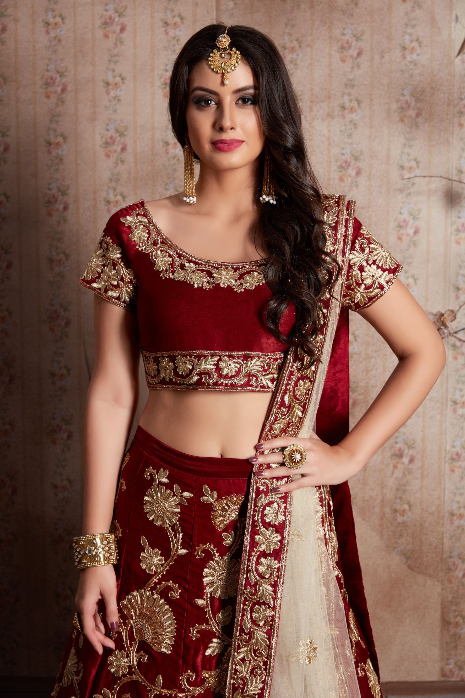 Maroon Velvet Silk Lehenga Choli For Indian Festival & Weddings - Sequence Embroidery Work, Lace Work, Zari Work