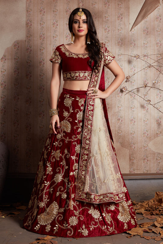 Maroon Velvet Silk Lehenga Choli For Indian Festival & Weddings - Sequence Embroidery Work, Lace Work, Zari Work