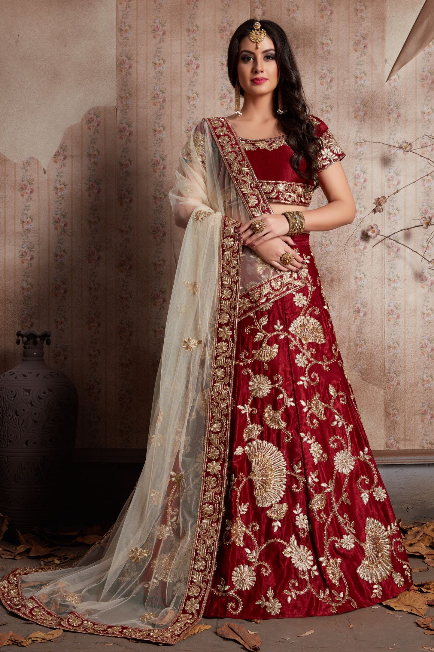 Maroon Velvet Silk Lehenga Choli For Indian Festival & Weddings - Sequence Embroidery Work, Lace Work, Zari Work