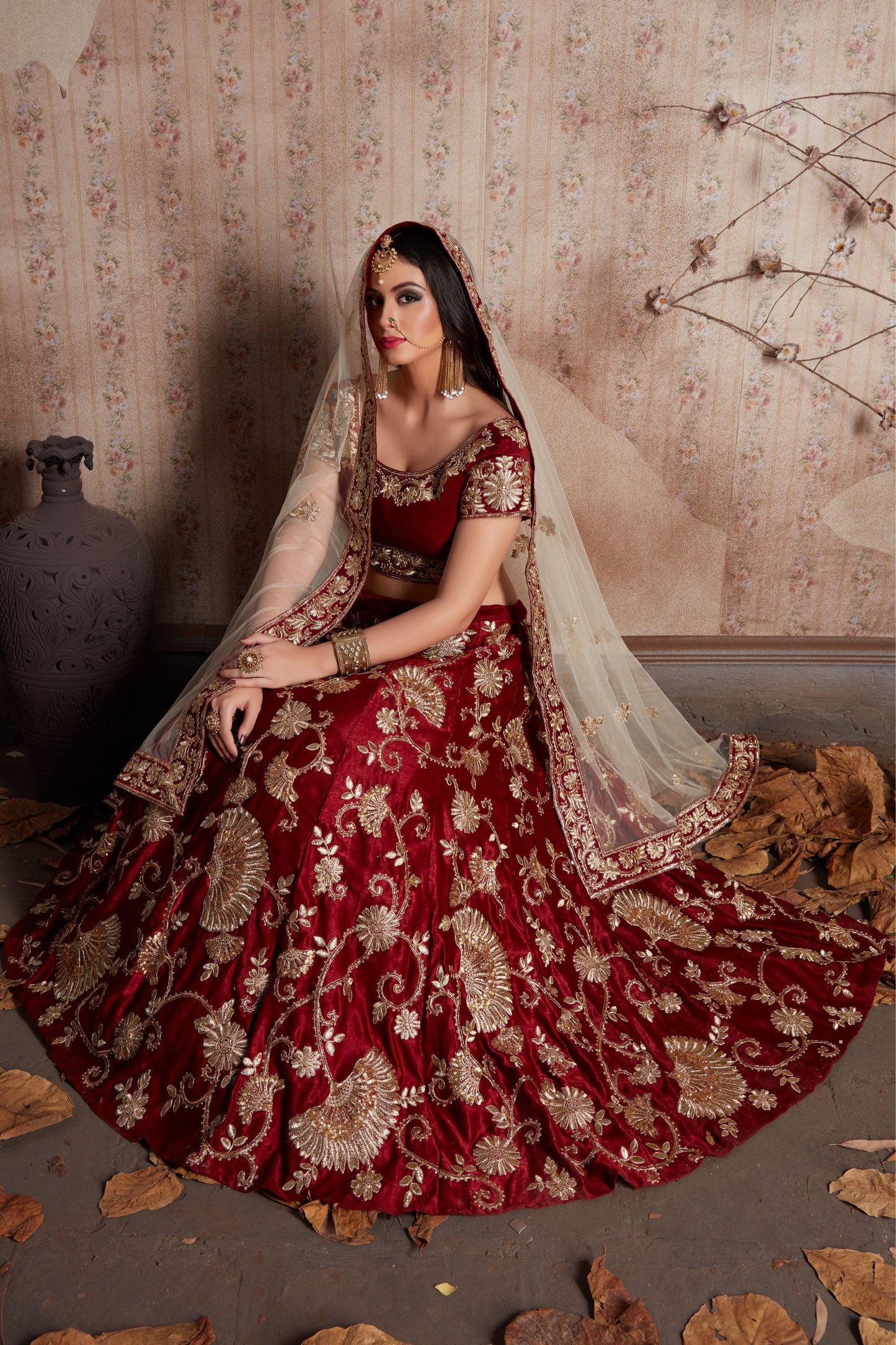 Maroon Velvet Silk Lehenga Choli For Indian Festival & Weddings - Sequence Embroidery Work, Lace Work, Zari Work