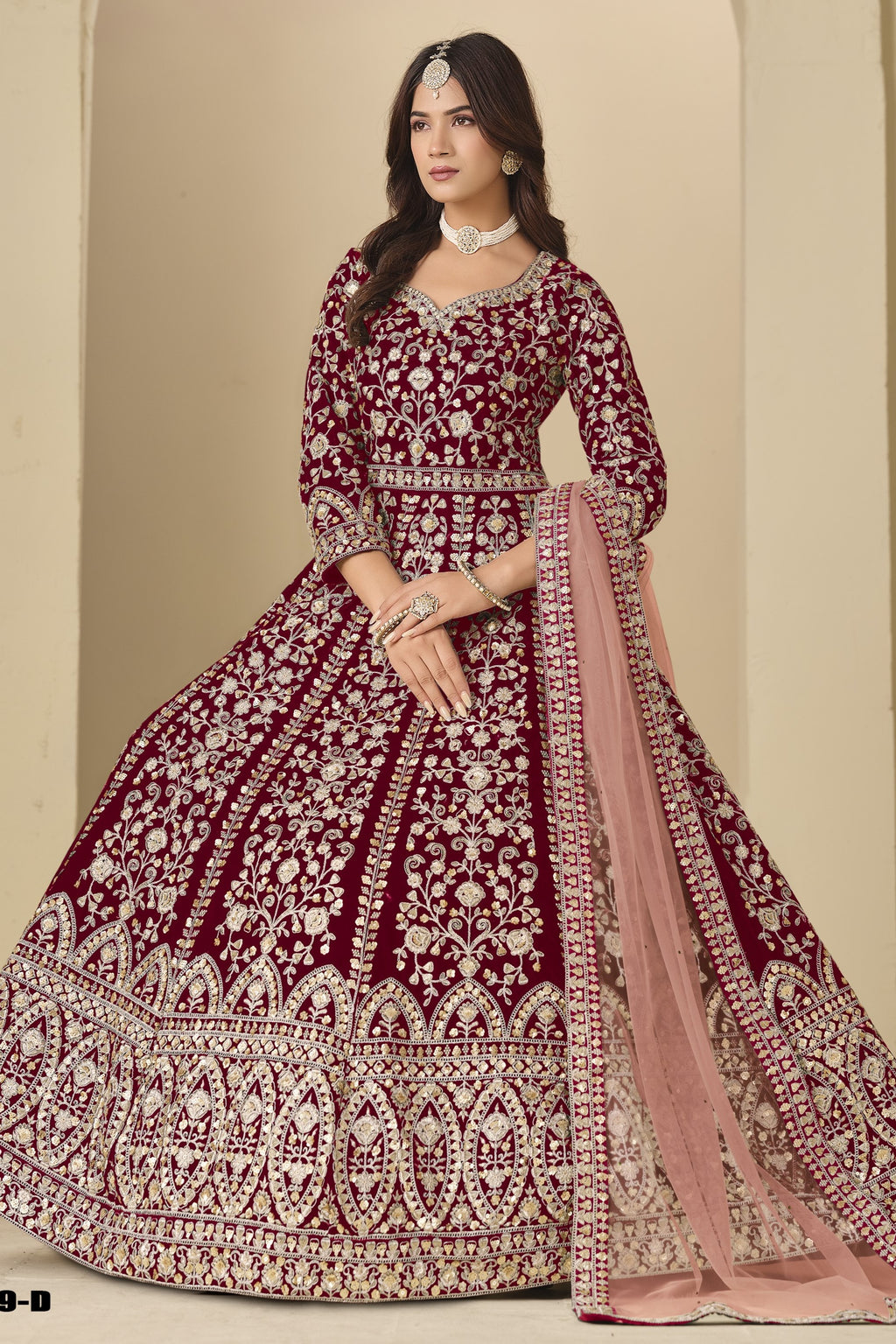 Maroon Velvet Suit Women with Thread and Sequins Work