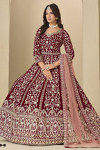Maroon Velvet Suit Women with Thread and Sequins Work