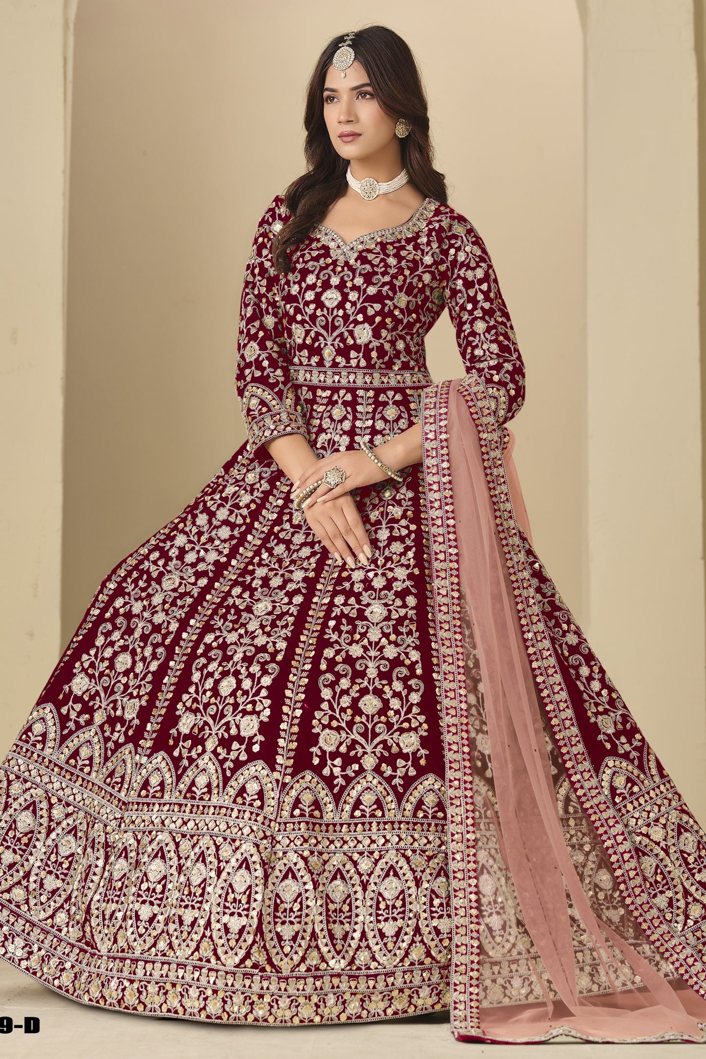 Maroon Velvet Suit Women with Thread and Sequins Work