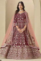 Maroon Velvet Suit Women with Thread and Sequins Work