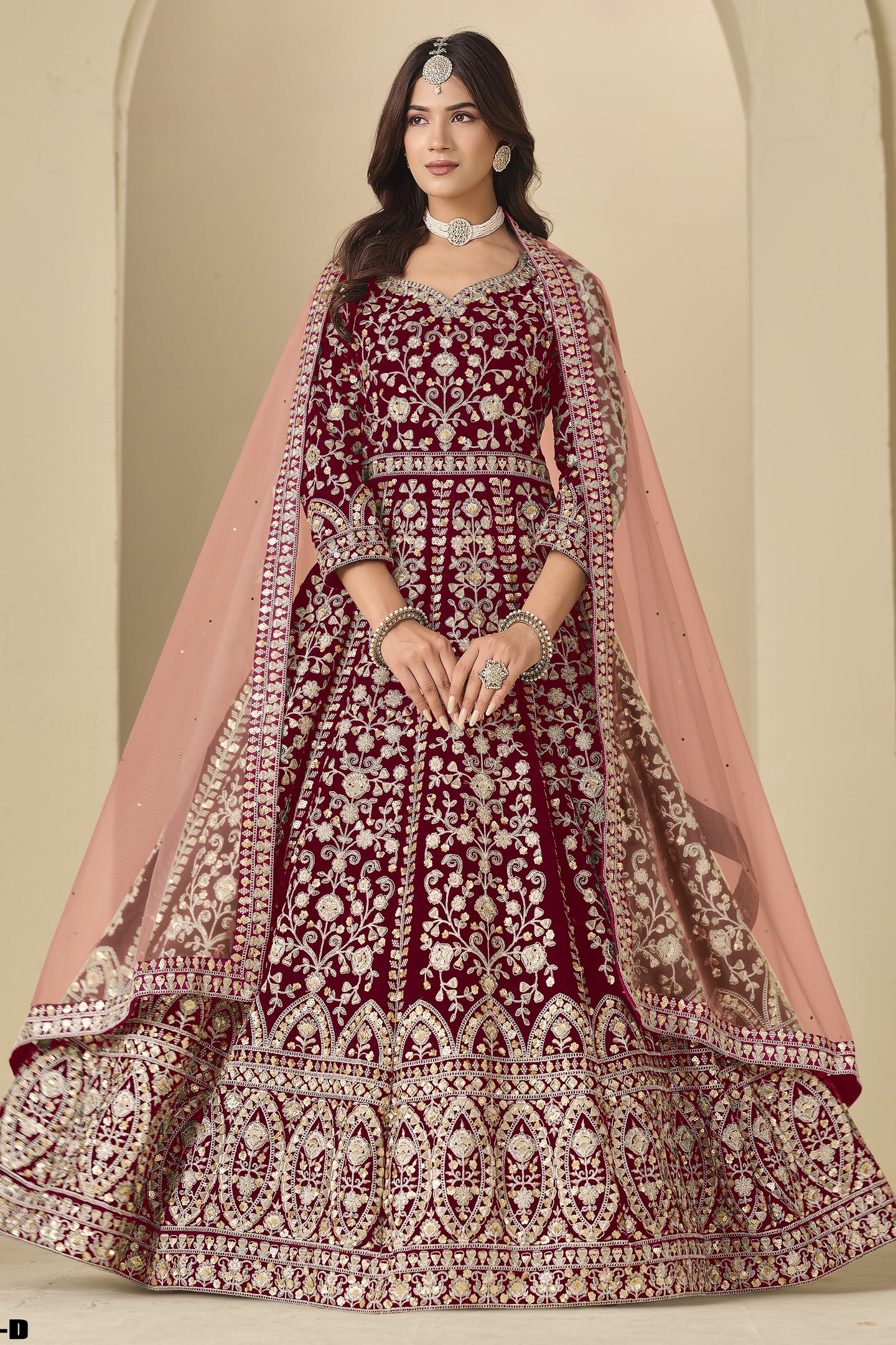 Maroon Velvet Suit Women with Thread and Sequins Work