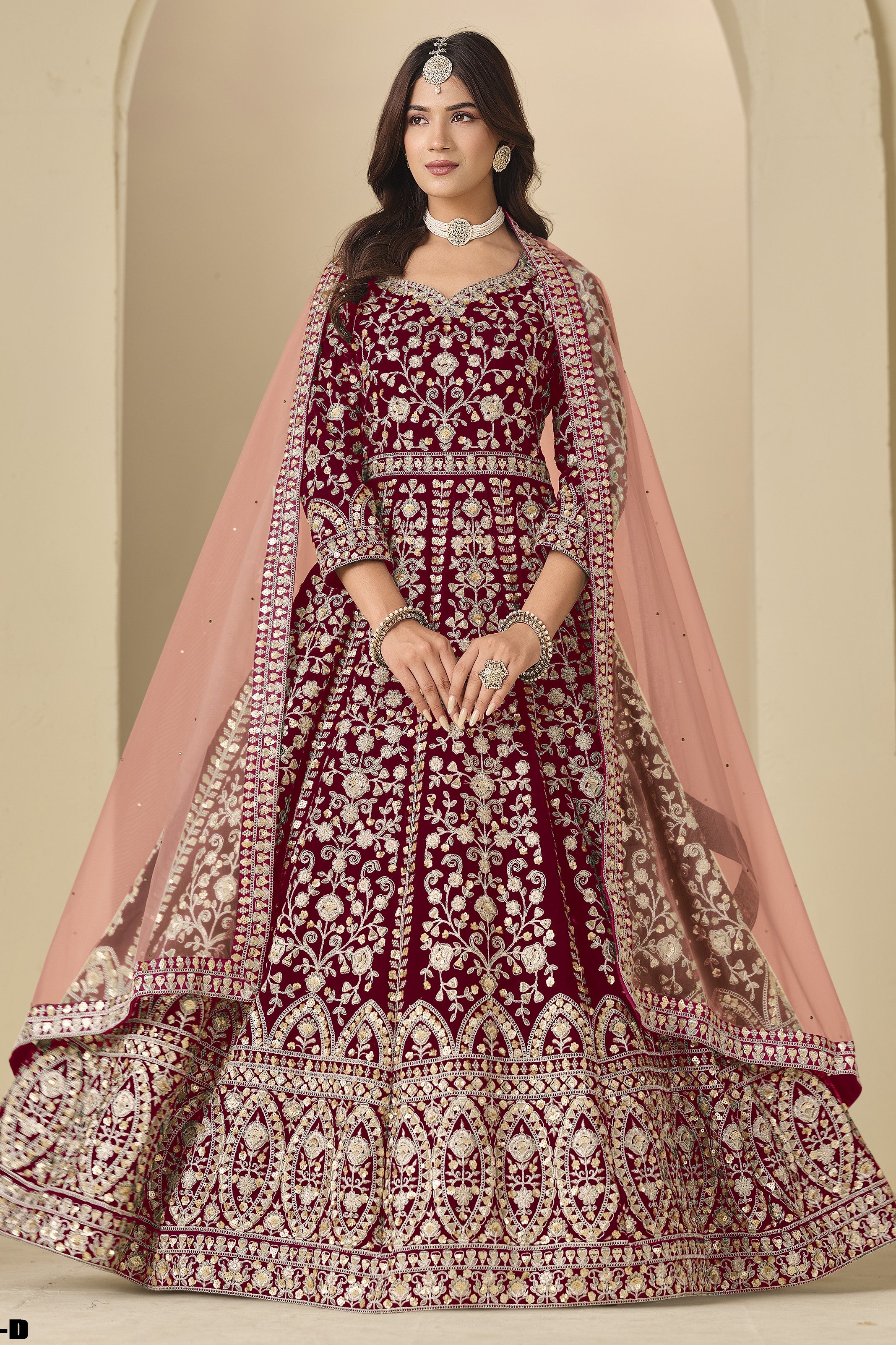Maroon Velvet Suit Women with Thread and Sequins Work