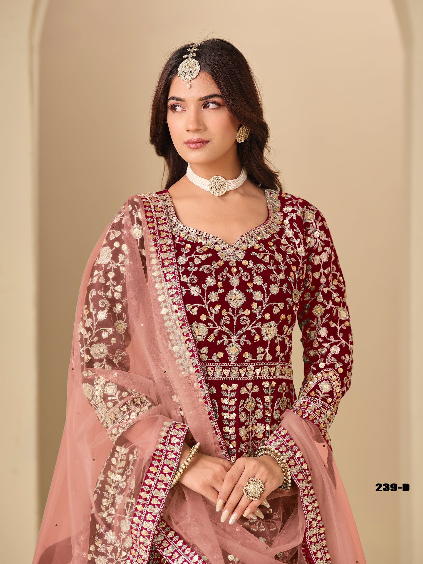 Maroon Velvet Suit Women with Thread and Sequins Work