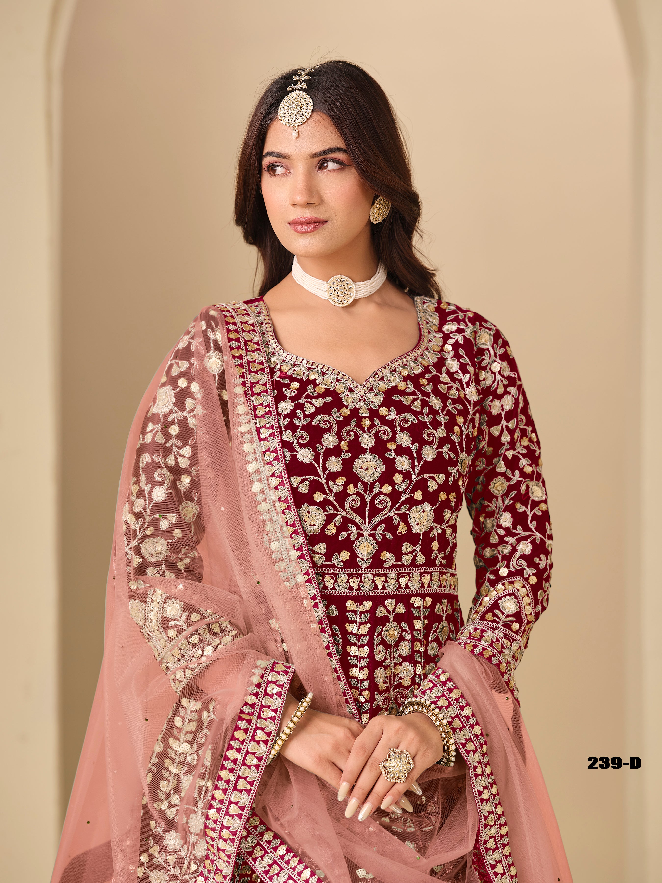 Maroon Velvet Suit Women with Thread and Sequins Work