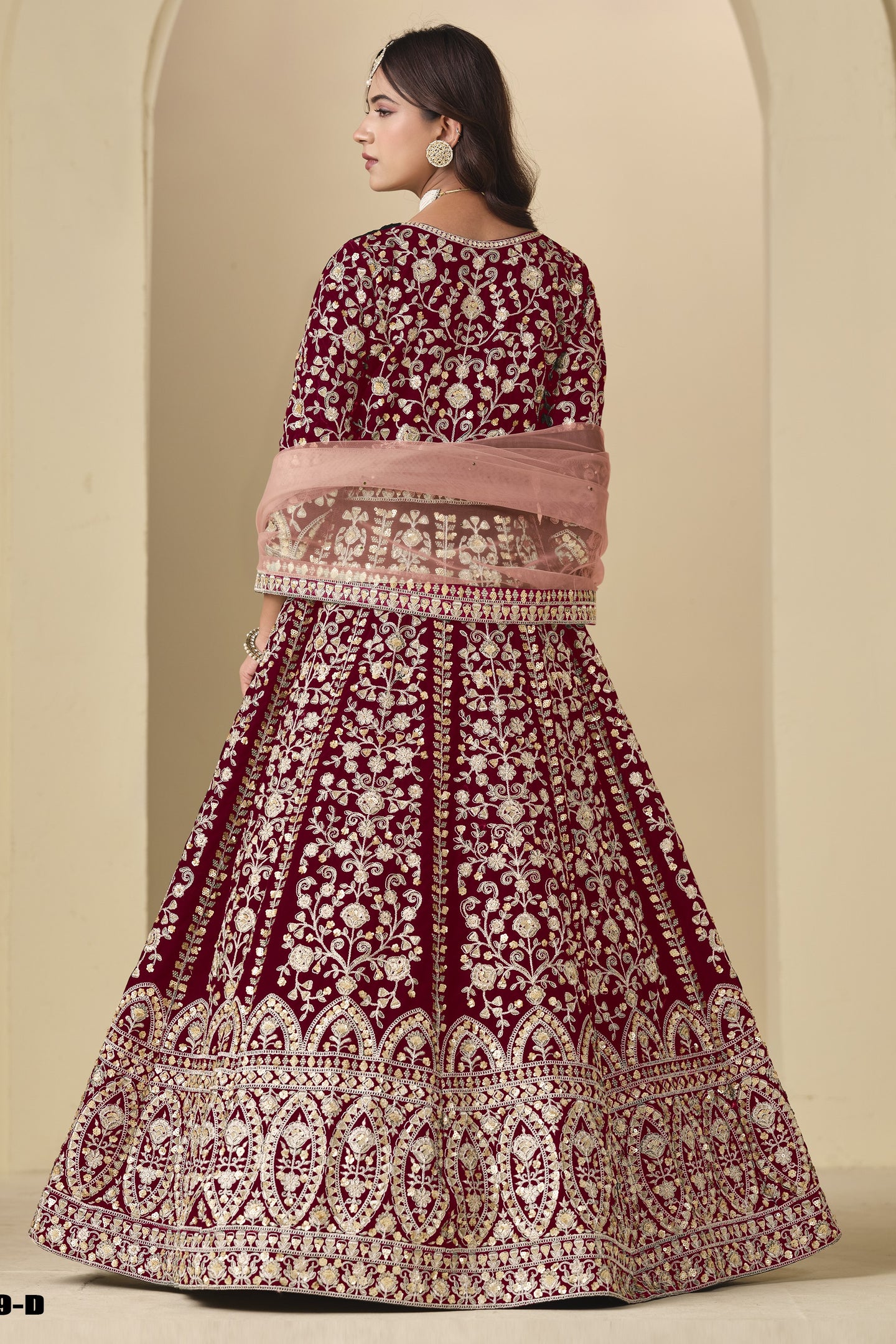 Maroon Velvet Suit Women with Thread and Sequins Work