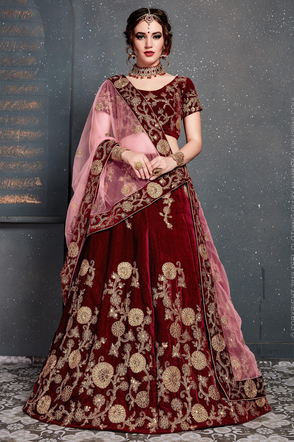 Maroon Velvet Lehenga Choli For Indian & Pakistani Wedding Festival - Dori Work, Zari Work, Sequence Embroidery Work