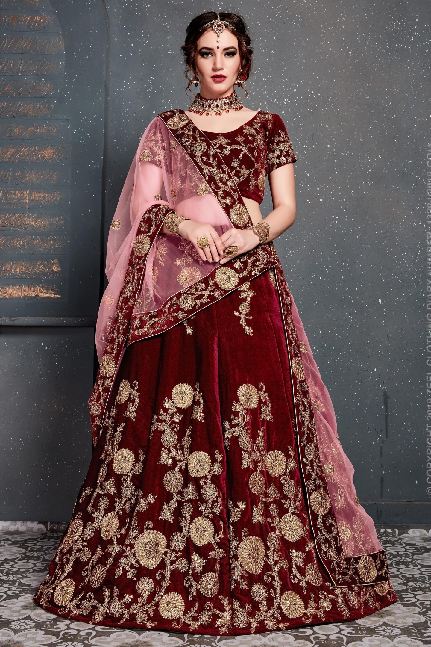 Maroon Velvet Lehenga Choli For Indian & Pakistani Wedding Festival - Dori Work, Zari Work, Sequence Embroidery Work