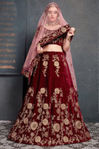 Maroon Velvet Lehenga Choli For Indian & Pakistani Wedding Festival - Dori Work, Zari Work, Sequence Embroidery Work
