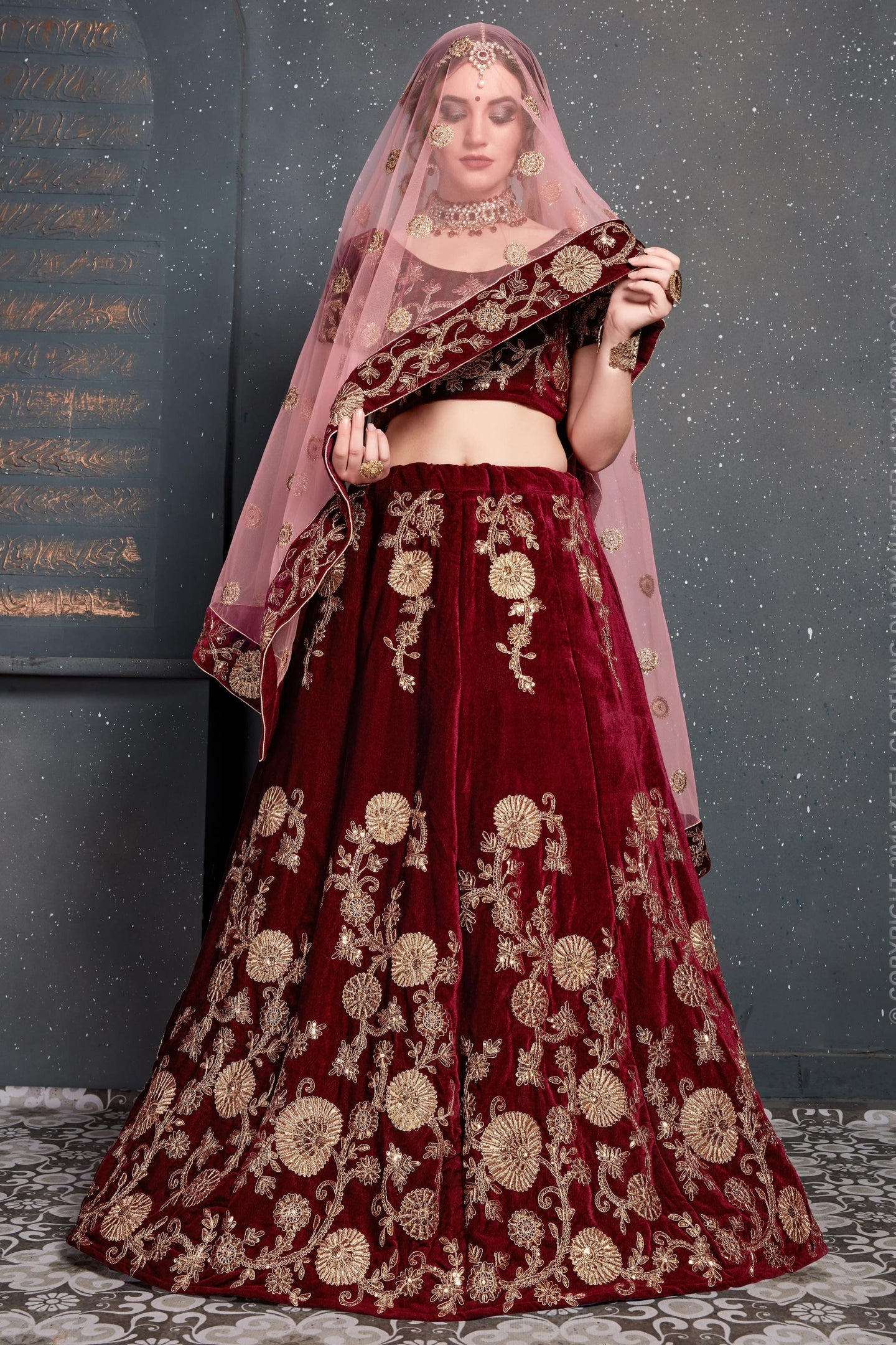 Maroon Velvet Lehenga Choli For Indian & Pakistani Wedding Festival - Dori Work, Zari Work, Sequence Embroidery Work
