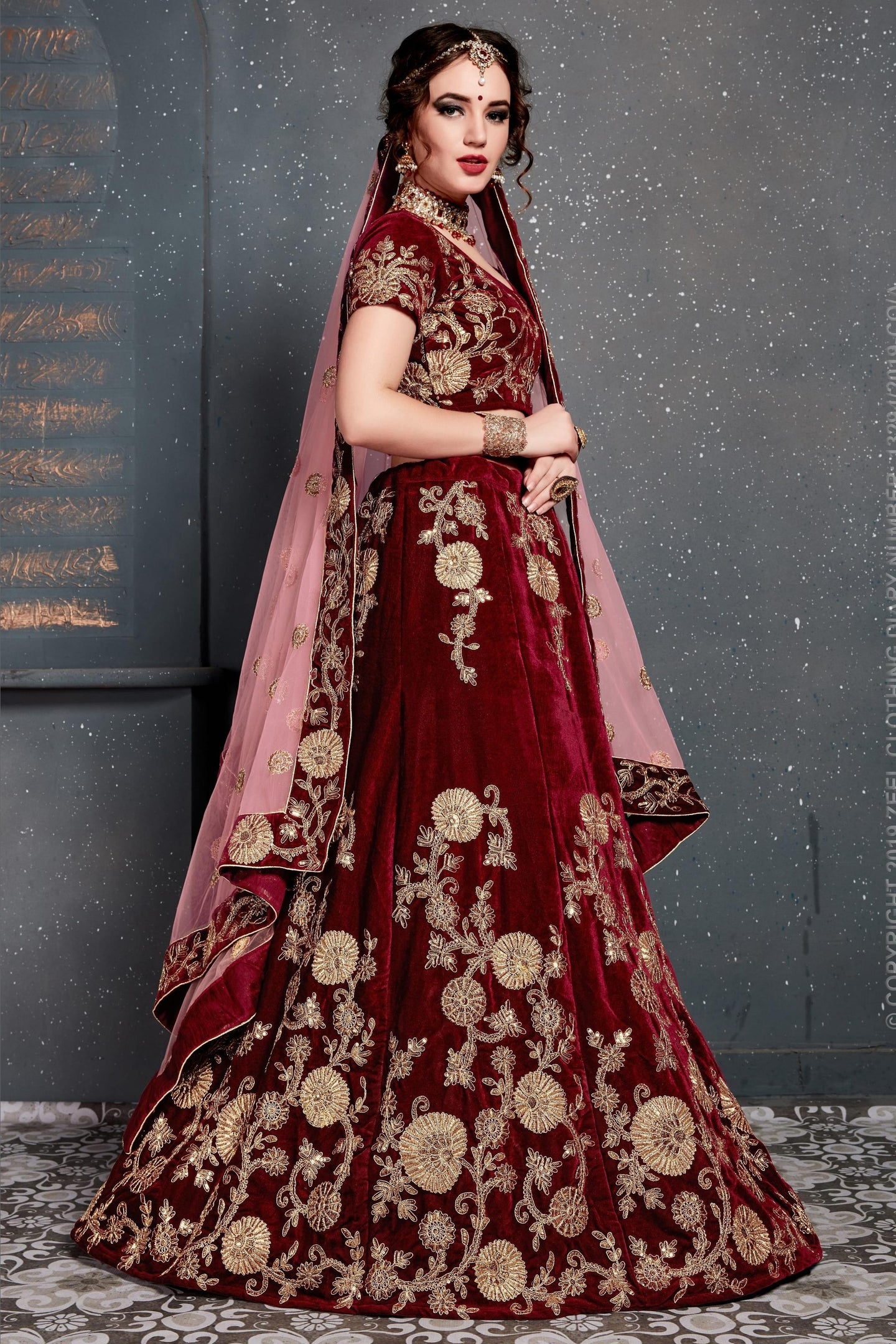 Maroon Velvet Lehenga Choli For Indian & Pakistani Wedding Festival - Dori Work, Zari Work, Sequence Embroidery Work