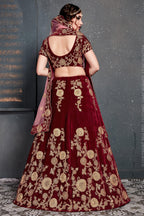 Maroon Velvet Lehenga Choli For Indian & Pakistani Wedding Festival - Dori Work, Zari Work, Sequence Embroidery Work