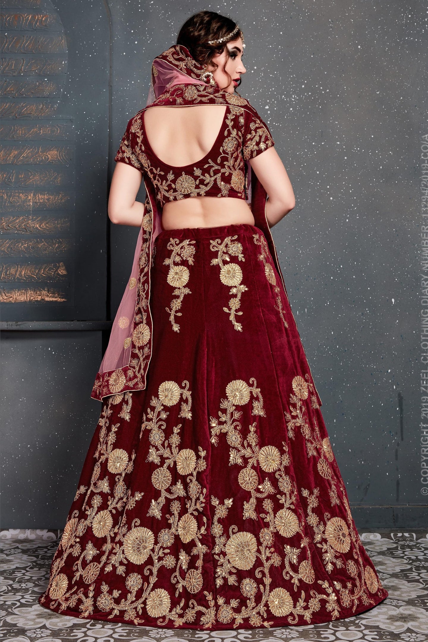 Maroon Velvet Lehenga Choli For Indian & Pakistani Wedding Festival - Dori Work, Zari Work, Sequence Embroidery Work