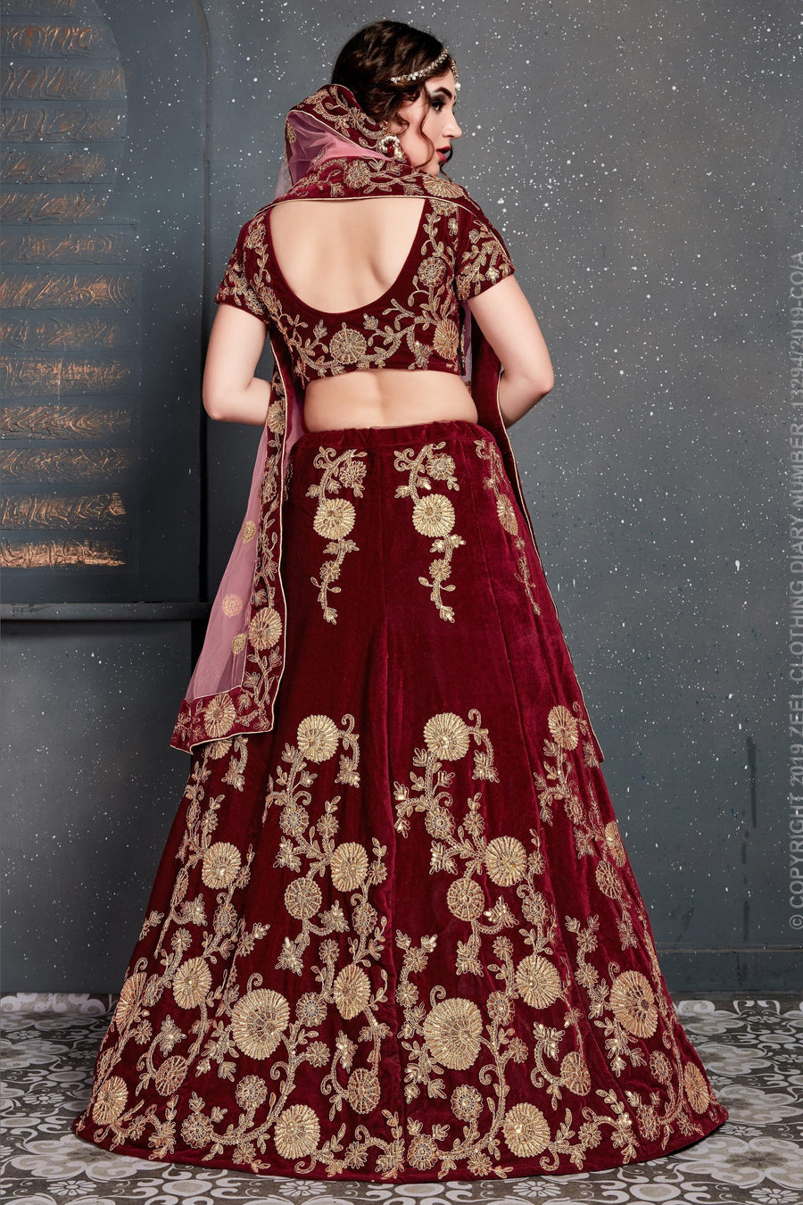 Maroon Velvet Lehenga Choli For Indian & Pakistani Wedding Festival - Dori Work, Zari Work, Sequence Embroidery Work