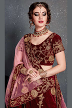 Maroon Velvet Lehenga Choli For Indian & Pakistani Wedding Festival - Dori Work, Zari Work, Sequence Embroidery Work