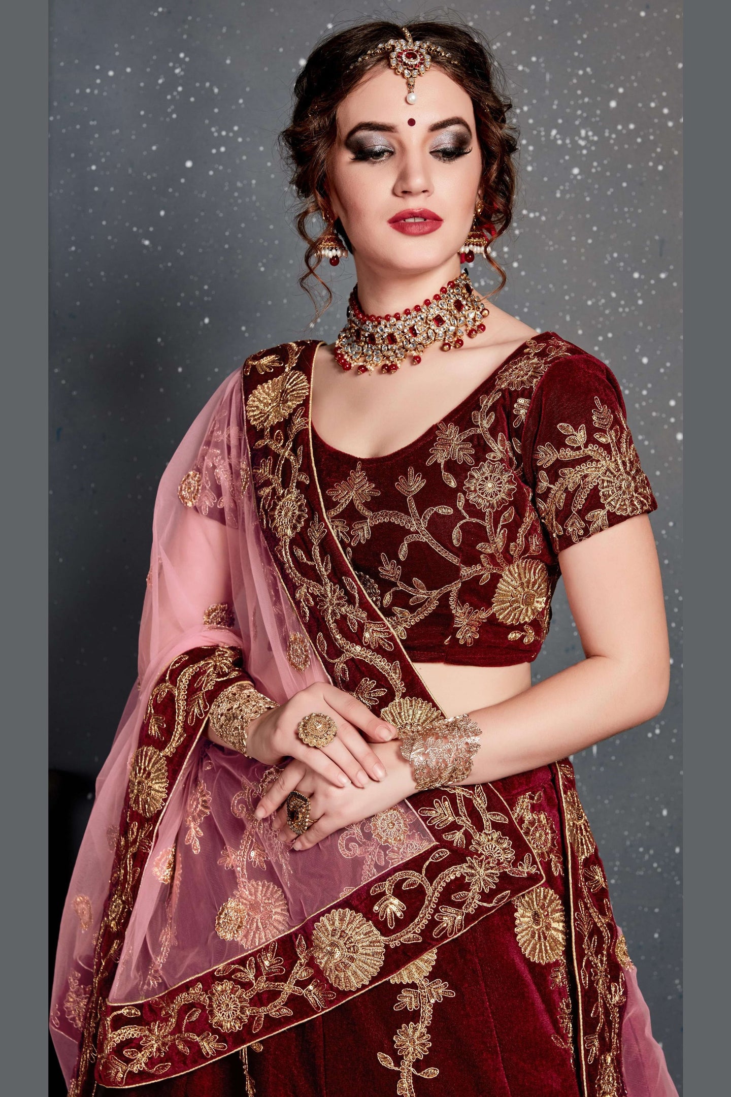 Maroon Velvet Lehenga Choli For Indian & Pakistani Wedding Festival - Dori Work, Zari Work, Sequence Embroidery Work