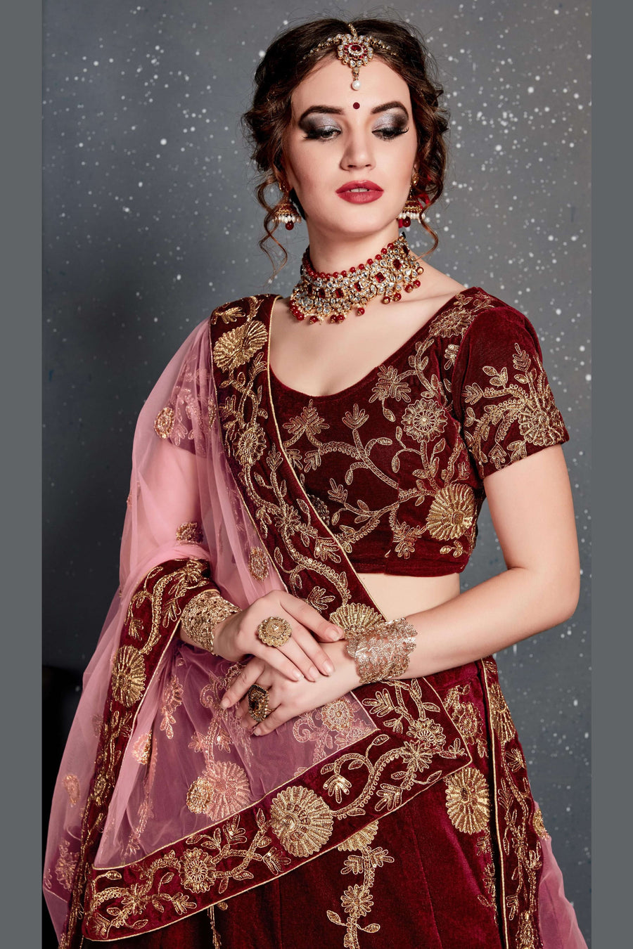 Maroon Velvet Lehenga Choli For Indian & Pakistani Wedding Festival - Dori Work, Zari Work, Sequence Embroidery Work