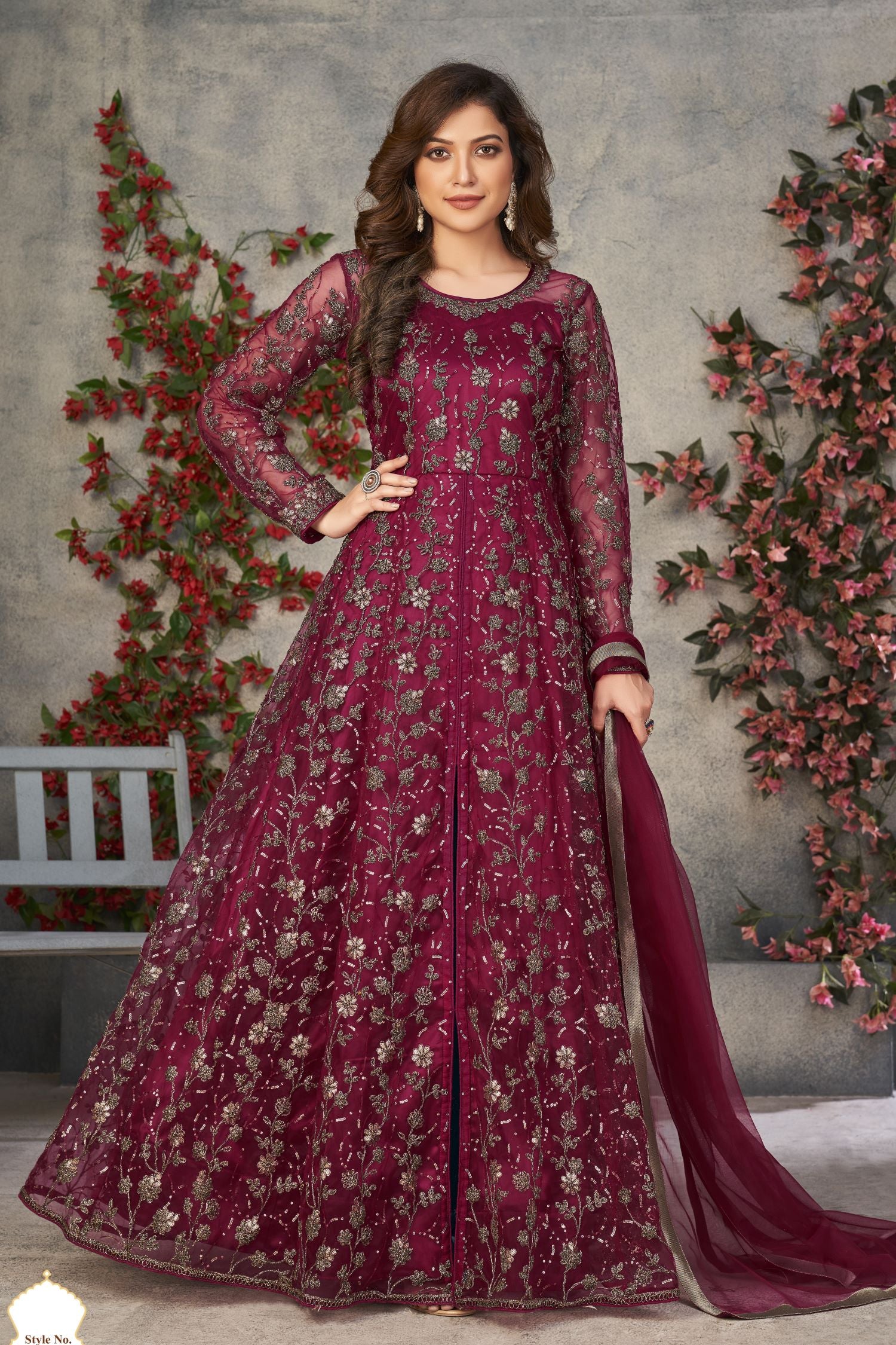 Maroon Net Anarkali Designer Wedding Suits for Women with Embroidery