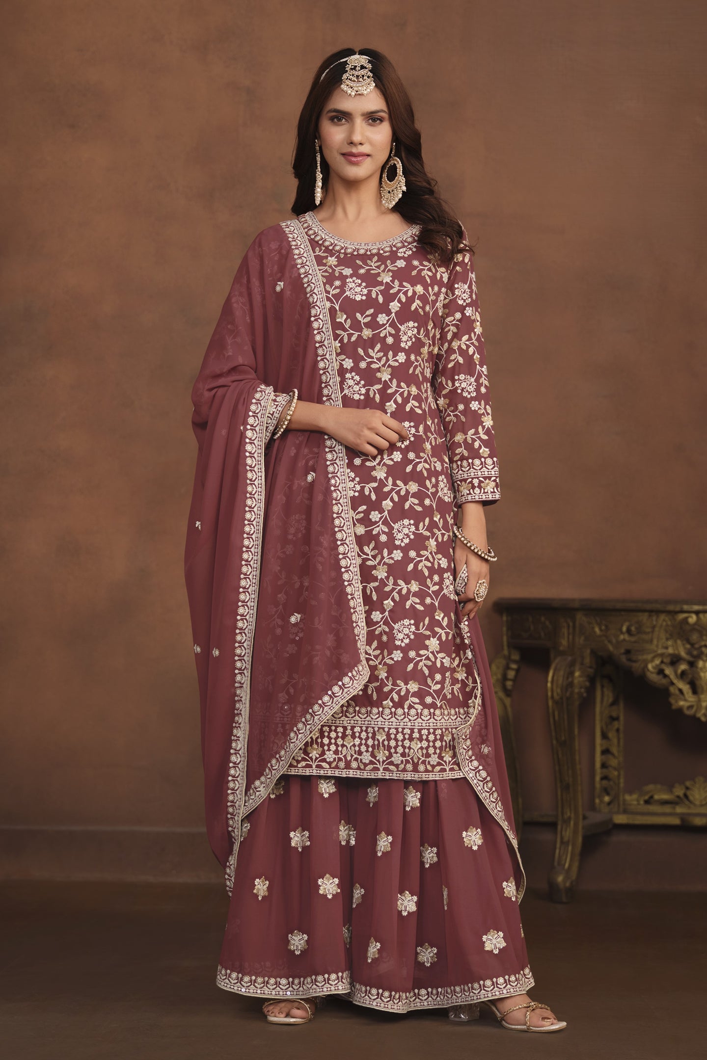Maroon Georgette Sharara Suit for Women with Sequins Embroidery