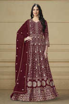 Maroon Georgette Anarkali Dress with Thread and Sequins Embroidery