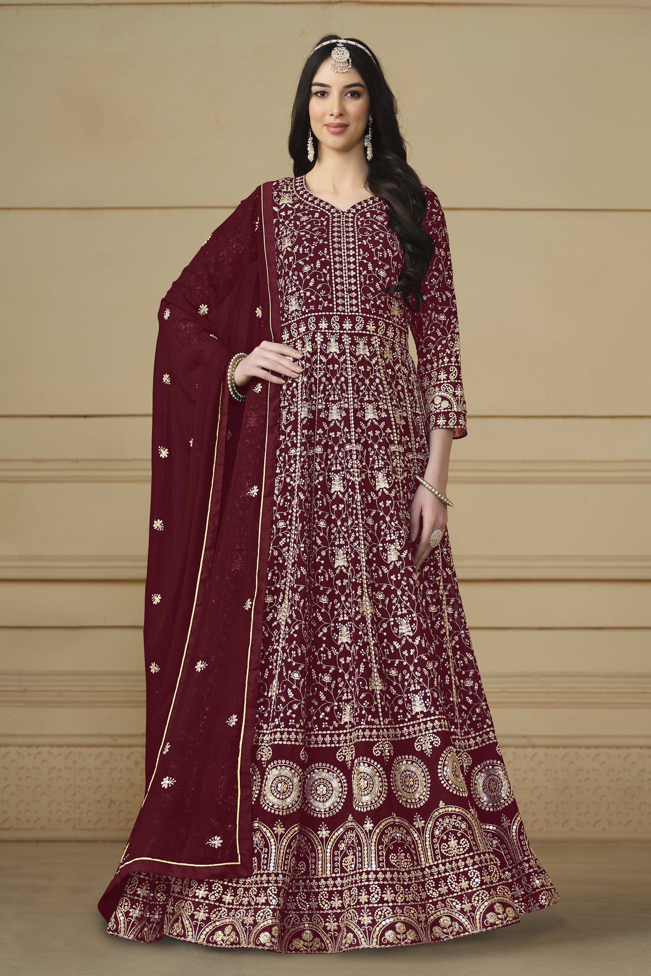Maroon Georgette Anarkali Dress with Thread and Sequins Embroidery