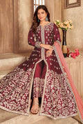 Maroon Art Silk Indian Anarkali Dress with Embroidery and Mirror Work