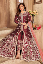 Maroon Art Silk Indian Anarkali Dress with Embroidery and Mirror Work