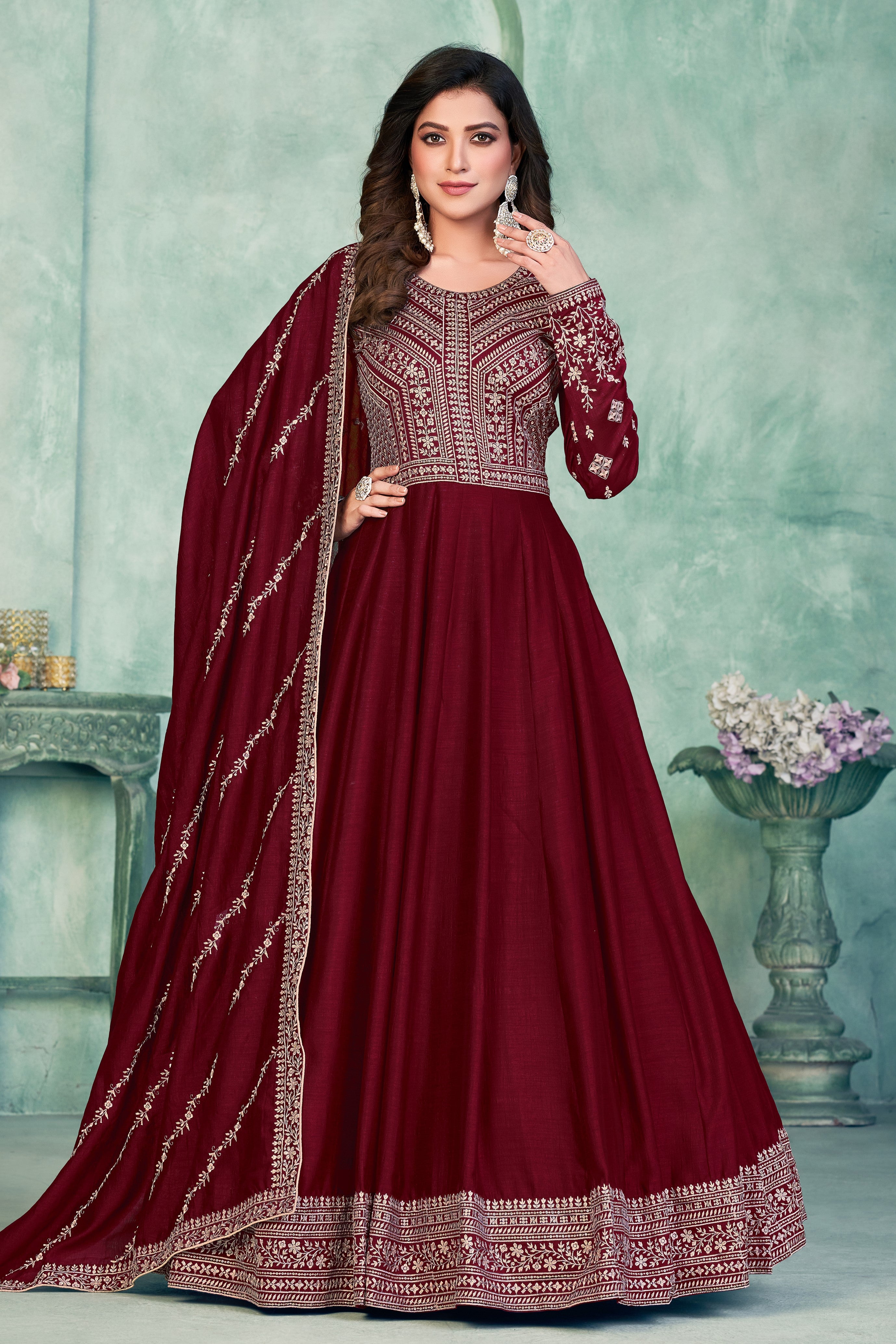 Maroon Art Silk Anarkali Suit for Wedding with Sequins Work