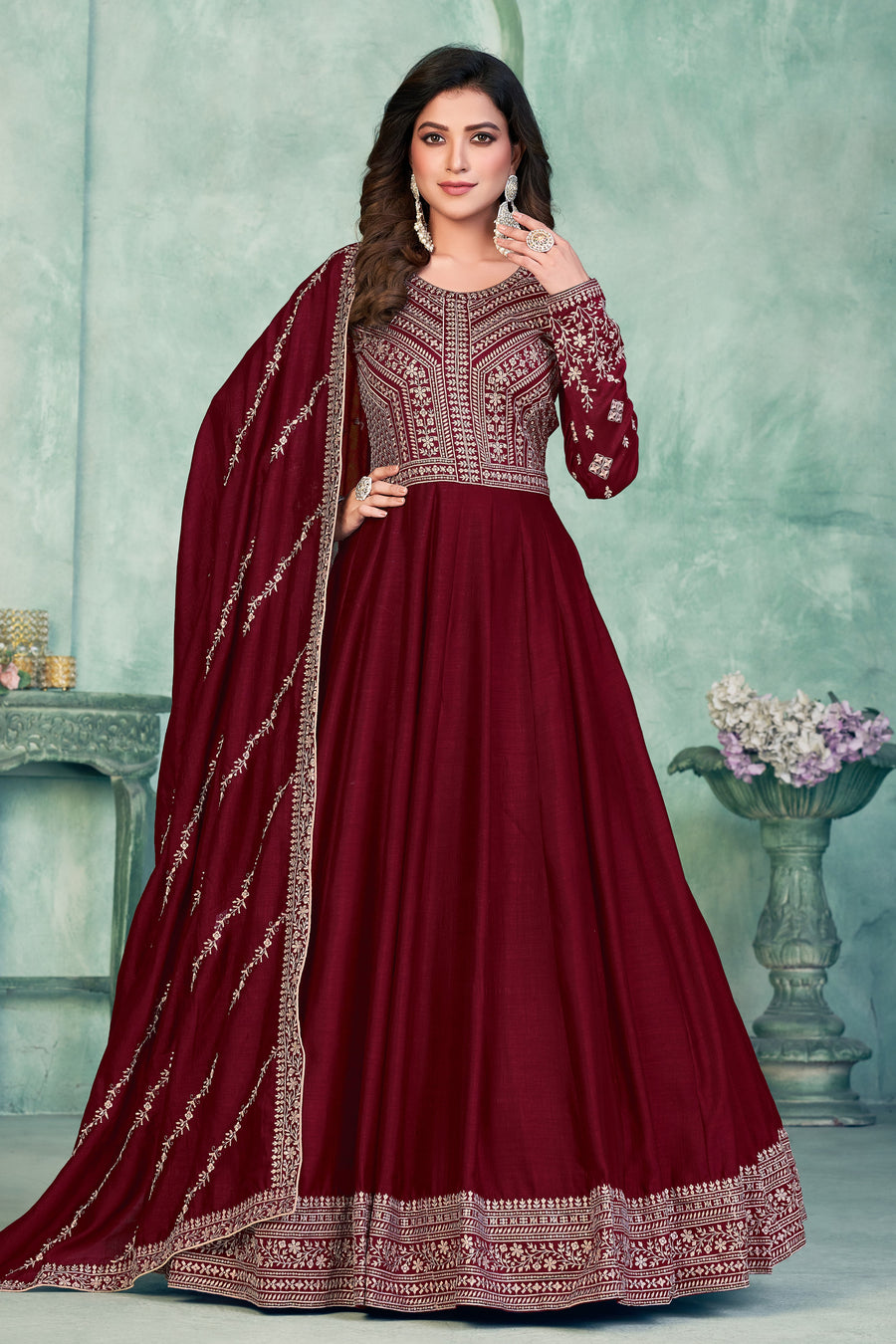 Maroon Art Silk Anarkali Suit for Wedding with Sequins Work